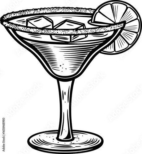 Classic margarita cocktail with lime garnish and salted rim hand drawn glass outline, ice cubes, refreshing summer drink