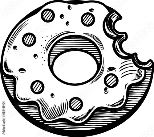 Hand drawn donut illustration with glaze and sprinkles vintage dessert, sweet baked pastry, monochrome sketch art