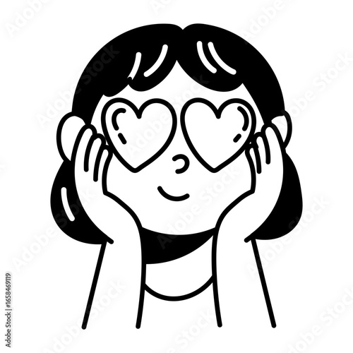 A girl with heart eyes, hand drawn style icon 
