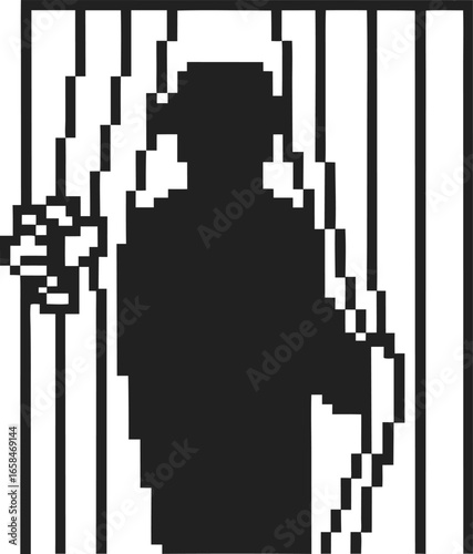 Silhouette of person behind prison bars, pixel art detention, imprisonment, jail, punishment, confinement concept
