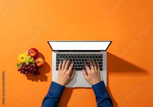 Person's hands typing on a laptop computer with a vibrant orange background and fruit