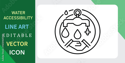 A simple line art icon of hands under a water faucet. A concept for clean water, sanitation, and hygiene for all. Editable vector.