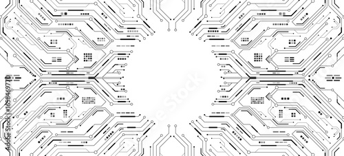 Circuit black lines with electronics elements on white backdrop for Technology or Science design. Digital circuit board with electronic system for UI and GUI or gaming interface. Vector illustration.