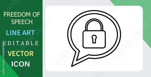 A simple line art icon of a speech bubble with a lock. Concept for censorship and freedom of speech. Editable vector file.
