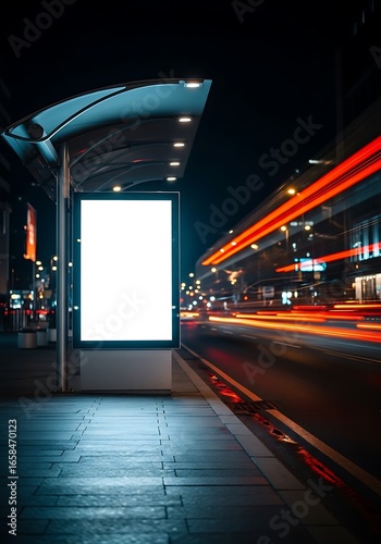 Nighttime bus stop ad display with streaking car lights and city lights in the background