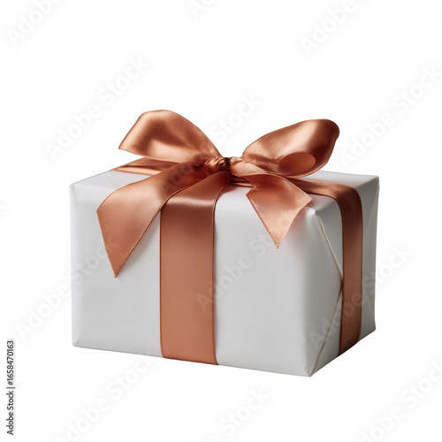 A beautifully wrapped white gift box with a luxurious satin copper ribbon, perfect for celebrations and special occasions. Ideal for showcasing the joy of giving.
