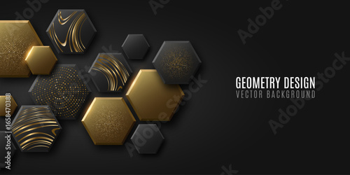 Abstract geometry background. Golden and black elegant 3D hexagons with metallic striped wavy pattern and glittering dotted texture. Design for greeting card or stylish fashion banner. Vector.