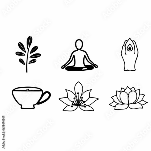Yoga and meditation icons set isolated on white background, featuring lotus, tea, and hand mudras