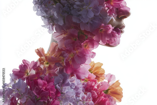 Person filled with vibrant flowers, creating serene and artistic expression