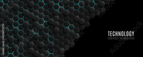 Futuristic glowing 3d black hexagons with blue neon highlights for Technology background. High tech hexagonal structure for digital gaming interfaces or scientific presentation. Vector illustration.