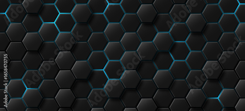 Glowing 3d black hexagons with blue neon highlights for high tech background. Futuristic hexagonal structure for digital gaming interfaces or scientific presentation. Vector illustration.