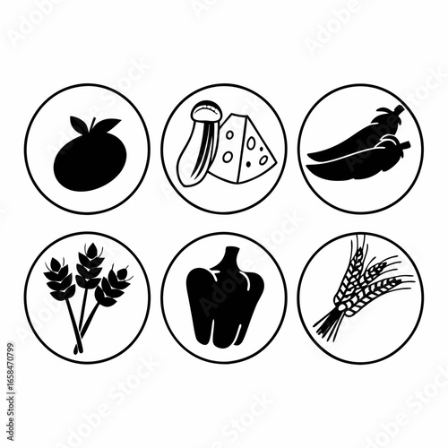 Illustration of vegetables, cheese and wheat in circles isolated on white background