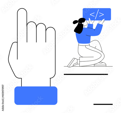 Enlarged pointing hand and a coder working on a monitor. Ideal for teamwork, coding, user interface, interaction design, digital collaboration, software learning, simple landing page