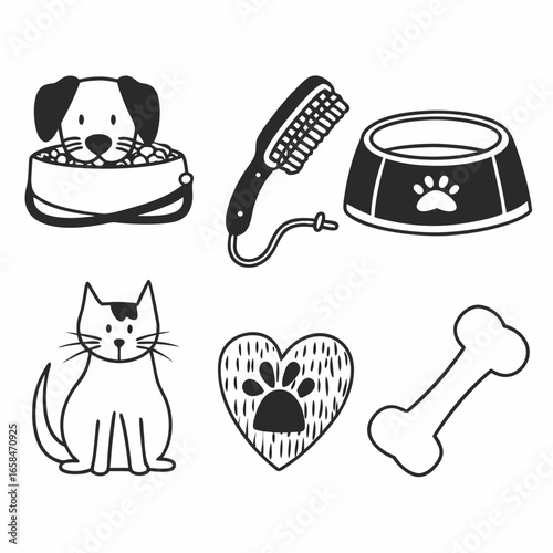 Pet care elements isolated on white background, including dog, cat, bone, bowl, brush, heart
