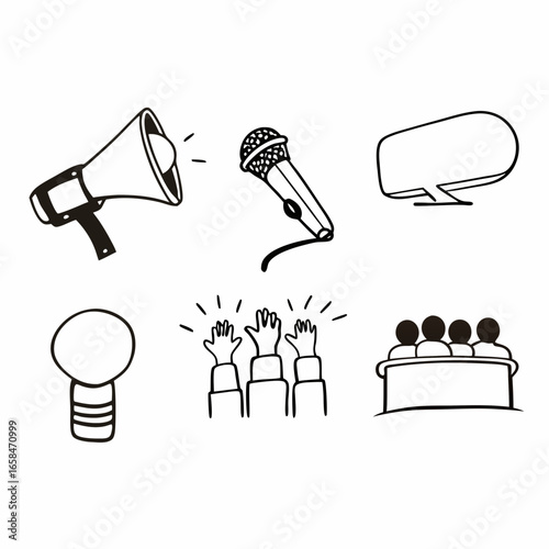 Megaphone, microphone, speech bubble, idea, hand, and audience doodle isolated on white background