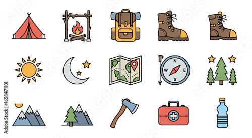 Illustration of camping equipment including tent, backpack, boots, and navigation tools icon set on transparent background