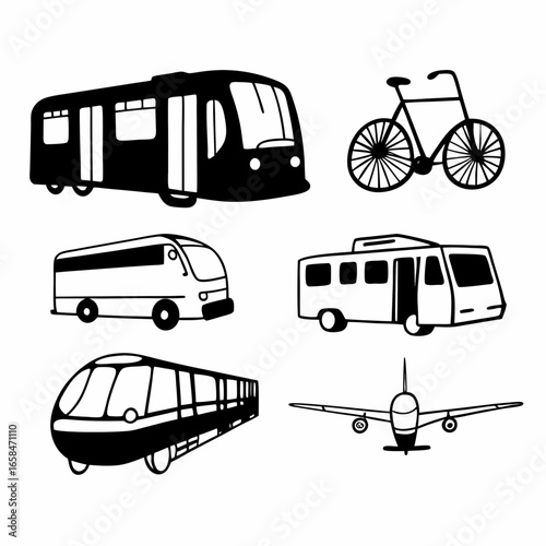 Illustration of various modes of transportation, including trains, bicycles, and airplane