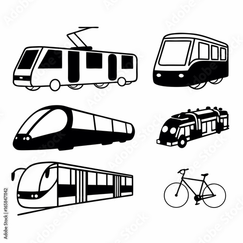 Illustration of various modes of transportation, including trains and bicycles