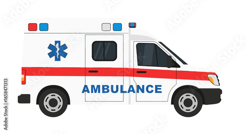 Side view of a white ambulance with red stripe and blue star of life and ambulance text on the side on transparent background