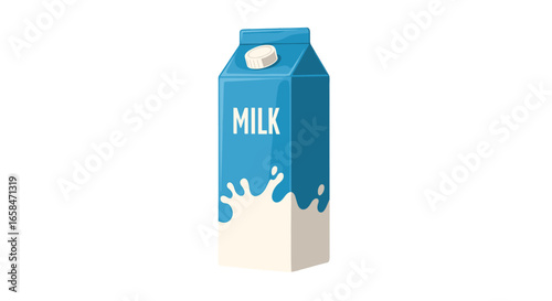 Illustration of a blue milk carton with a white cap and a splash design on the bottom half of carton on transparent background
