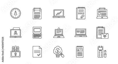 Line art illustration featuring various office related icons including laptops and stationery items on transparent background