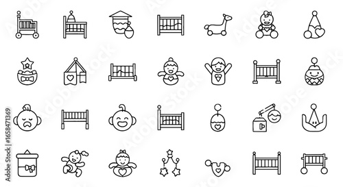 Illustration featuring a variety of baby related items including cribs toys and baby accessories in outline style on transparent background