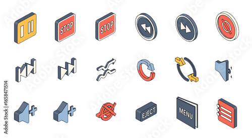 Isometric media control icons showing pause stop rewind fast forward mute volume eject menu and shuffle options on transparent background