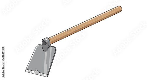 Illustration of a garden hoe with a wooden handle and a silver metal blade on a white background image view on transparent background