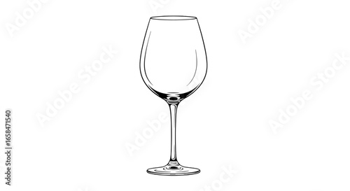 Illustration of a clear wine glass with a long stem and a wide bowl standing upright on a flat surface on transparent background