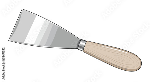 Illustration of a metal putty knife with a wooden handle used for spreading plaster or smoothing surfaces on transparent background