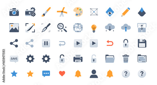 Collection of various user interface icons representing different functions and applications use cases on transparent background