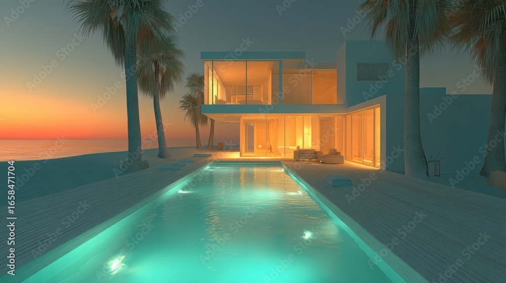 Fototapeta premium Modern beachfront villa with palm trees, illuminated pool, and sunset sky creating a serene and luxurious atmosphere