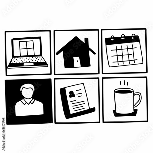Work from home concept with laptop, calendar, person, document, and coffee isolated on white background