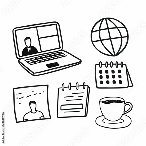 Work from home concept with laptop, calendar, globe, document, and coffee isolated on white background
