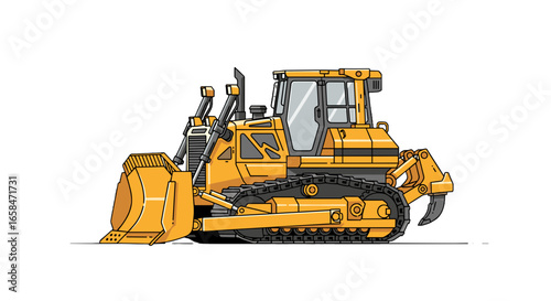 Illustration of a yellow bulldozer with black treads and a large front blade on a white background view on transparent background