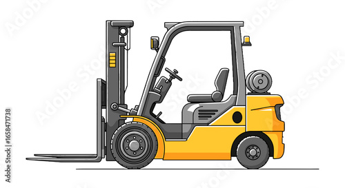 Illustration of a yellow forklift with a gray interior and black outlines on a white background view side on transparent background