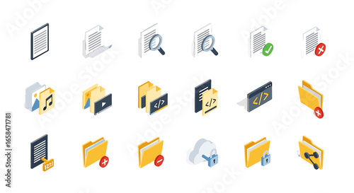 Isometric representation of document and folder icons with various symbols and file types depicted clearly on transparent background