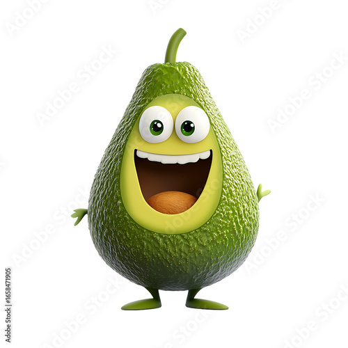 Cheerful cartoon avocado character with a big smile, standing against a plain background
