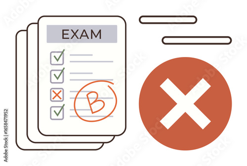 Graded exam paper with marked answers, red cross, and a highlighted B grade beside a bold error sign. Ideal for education, testing, evaluation, feedback, mistakes, learning improvement simple flat