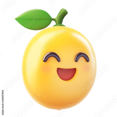 Cheerful cartoon lemon character with a smiling face and green leaf, ideal for playful designs