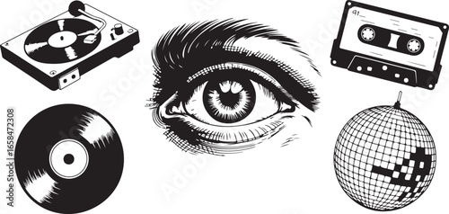 Set of Hand-Drawn Retro Music and Party Icons