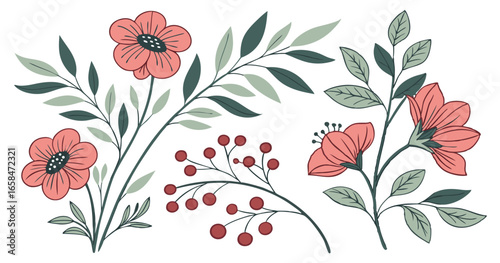 Romantic floral elements collection with delicate flowers and leaves