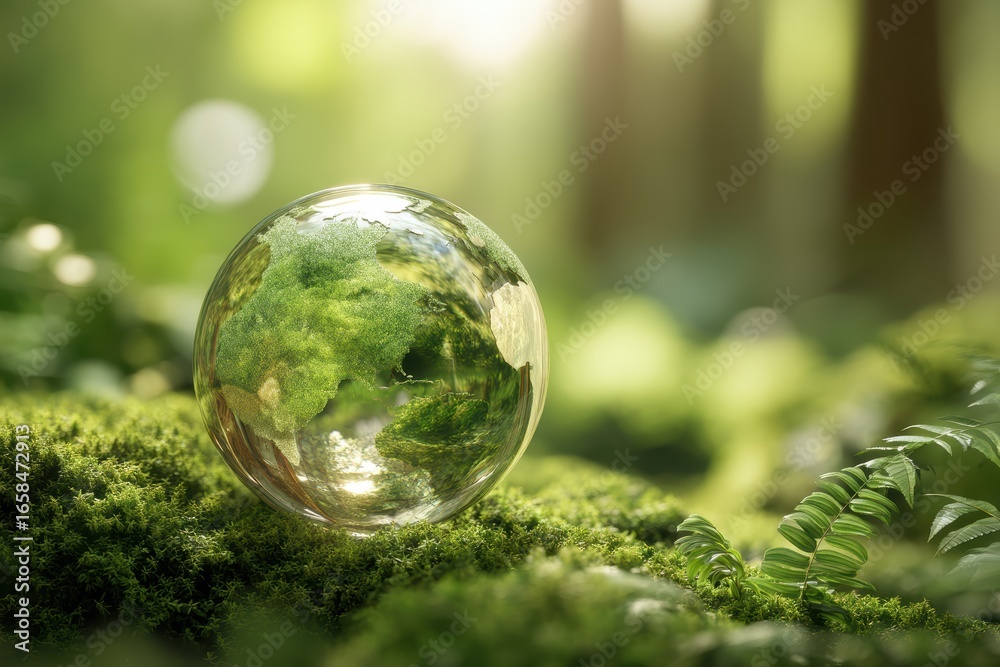 A glass globe rests on lush green moss in a sunlit forest, symbolizing environmental conservation and nature’s beauty A glass globe rests on lush green moss in a sunlit forest, symbolizing environmental conservation and nature’s beauty