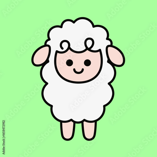 Adorable cartoon illustration of a fluffy white sheep with a smiling face on a green background, a charming and friendly animal character.