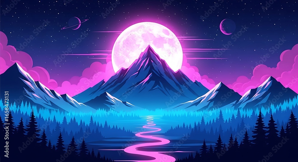 Fototapeta premium Photo pixel art landscape with a large moon over mountains and a glowing river