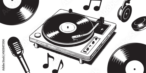  Hand-Drawn Retro Turntable and Music ElementsAdobe Illustrator Artwork