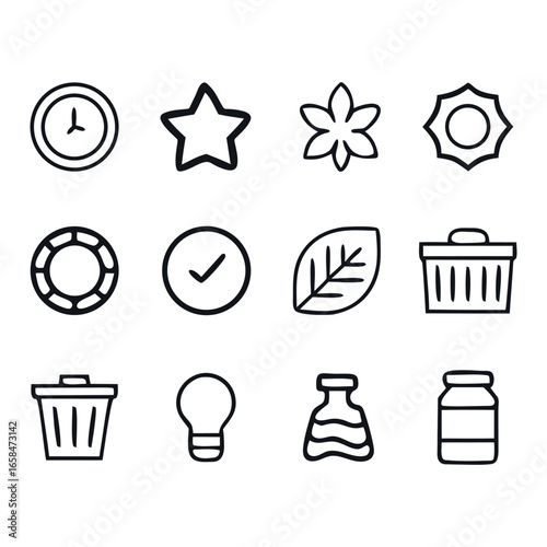 Hand drawn icons representing time ideas nature and utilities