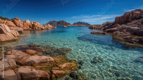 A crystal-clear turquoise bay with rugged rocks, calm waters, and distant mountains under a bright blue sky