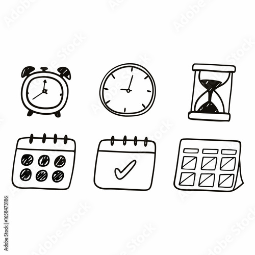 Hand drawn calendar and clock icons isolated on white background for planning concept