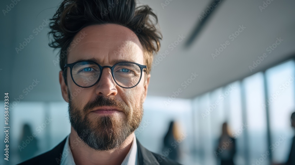 Fototapeta premium A confident man with glasses and a beard stands in a modern office with large windows and blurred colleagues in the background